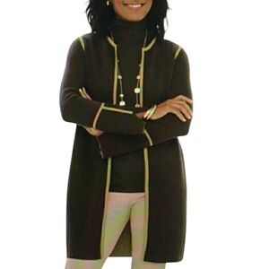 CHICOS BLACK & BROWN COLOR BLOCK LONG CARDIGAN SWEATER COAT LAGENLOOK SZ L